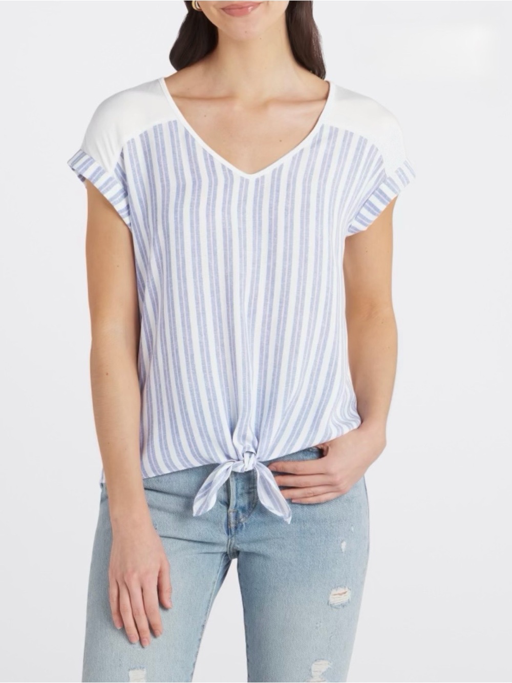 Fortune + Ivy Clarese Tie Front Mixed Material Top Striped